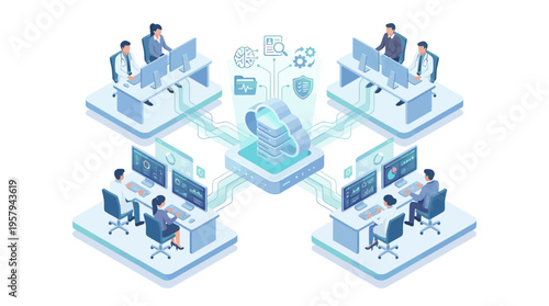 Isometric Healthcare SaaS Platform with Medical Team Using Cloud Data System, Digital Health Technology Network, Hospital Software Management