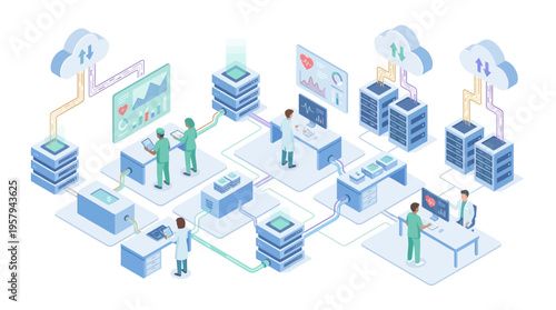 Isometric Healthcare Technology Platform with Doctors Analyzing Medical Data Cloud Computing Digital Health System
