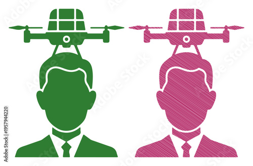 Two stylized heads with drones hovering above, representing technology and innovation
