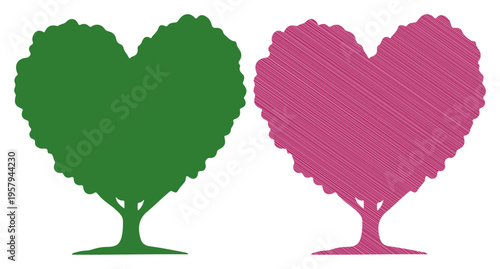 Two stylized heart-shaped trees, one green and one pink, representing love and nature.