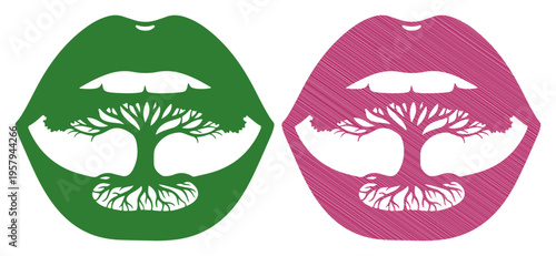 Symbolic representation of life and voice, with a tree of life inside open mouths.