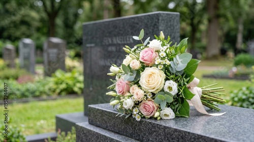 A bouquet of white and pink flowers rests on a gravestone in a serene cemetery. Lush greenery surrounds the area, creating a peaceful atmosphere.