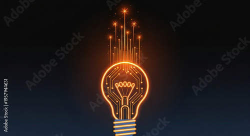 Glowing orange light bulb with circuit board and sparks on dark background symbolizing ideas and innovation