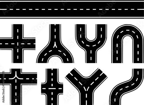 Tableau sur toile Collection of Black Asphalt Road Sections and Intersections with White Dashed Li