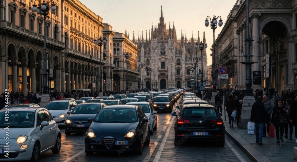 Obraz premium Urban Congestion Meets Iconic Architecture During Golden Hour