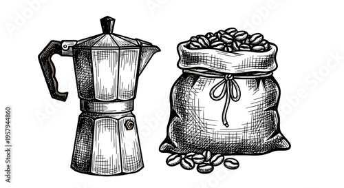 black and white illustration of coffee maker and bag of coffee beans