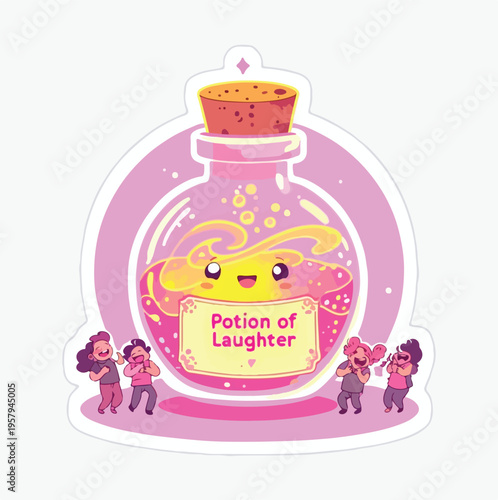 Adorable cartoon potion of laughter bottle illustration featuring happy tiny characters dancing around a magical elixir
