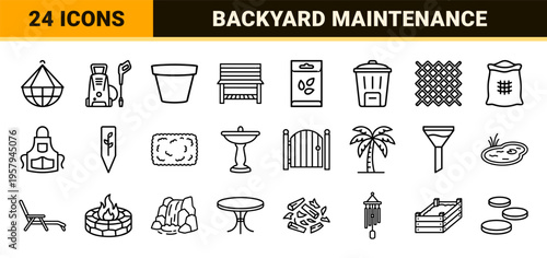 Minimalist monoline landscape and gardening outline symbols for professional architectural planning and commercial landscaping site map design.