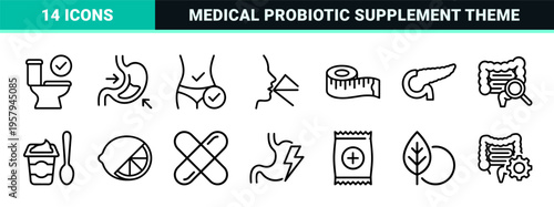 Digestive Health and Probiotics Minimalist Monoline Icon Set featuring Stomach Intestine Bacteria and Medical Supplement Line Art