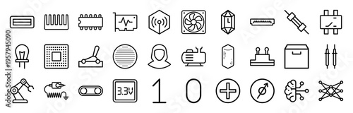 Semiconductor Technology and Microchip Engineering Minimalist Monoline Icon Set Featuring Processor Hardware and Electronic Components.