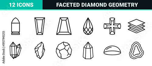 Professional Diamond Cut and Gemstone Monoline Outline Collection Featuring Minimalist Faceted Jewelry Design Elements for High-End Branding.