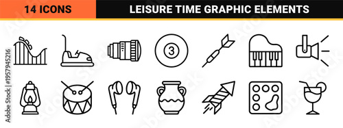Amusement park and leisure entertainment monoline symbols featuring Minimalist geometric line art for modern commercial interface design.