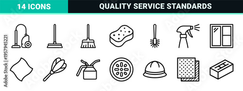 Professional Housekeeping and Home Maintenance Outline Icon Set for Commercial Cleaning Services and Residential Technical Repairs