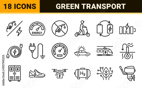 Sustainable Electric Vehicle Infrastructure and Green Energy Line Icons Featuring Charging Stations Battery Tech and Modern Eco Mobility Symbols