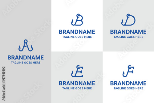 Letter A B D E F Angler Hook Logo, a sharp fishing inspired mark symbolizing precision, patience, and strong capture