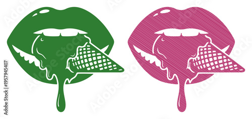 Juicy lips enjoying melting ice cream cone, vibrant and sweet summer treat