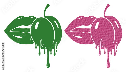 Juicy lips with dripping fruit, a vibrant and sensual graphic.