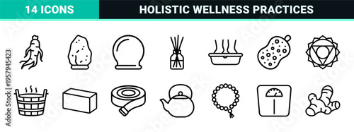 Holistic Wellness and Alternative Medicine Icon Set Featuring Minimalist Monoline Geometric Line Art for Spa and Natural Healing.