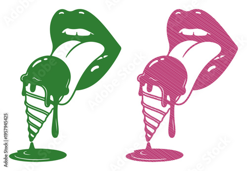 Vibrant lips licking melting ice cream cones in a fun, graphic style