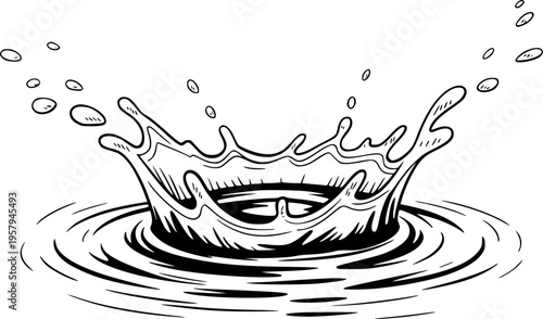 Dynamic Black and White Water Splash Crown Shape with Droplets and Ripples liquid
