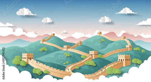 Detailed paper craft illustration of the Great Wall winding across lush green hills under a bright sky with fluffy clouds.