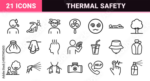 Heatstroke Prevention and Thermal Safety Outline Symbols for Medical First Aid and Industrial Sun Safety Compliance Documentation.