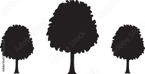 A collection of three distinct deciduous tree silhouettes isolated against a plain white background