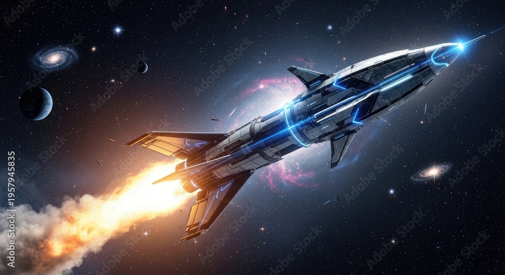Obraz premium Rocket Ship Soaring Through the Cosmos.