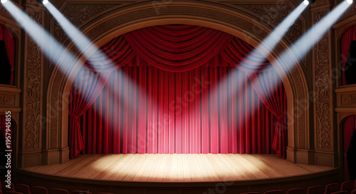 A brightly lit stage with red curtains prepares for a performance or show high quality professional