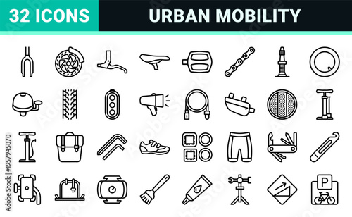 Minimalist Cycling and Urban Mobility Outline Icons for Digital Navigation and Wayfinding Design, Professional Monoline Geometric Style.