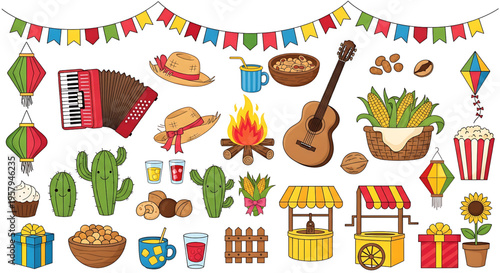 Set of items for Festa Junina and São João. Traditional Brazilian festival that takes place in June in Brazil. 
Cartoon-style illustration.
