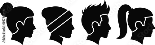 Black silhouette illustration of four human head profiles with distinct hairstyles and headwear including bun, beanie, spiked hair, and ponytail, representing fashion, style, and identity