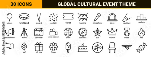 Minimalist event festival line art symbols for commercial celebration planning and professional holiday entertainment media design projects.