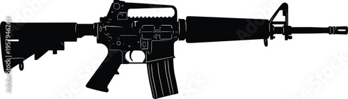 Black silhouette illustration of modern military assault rifle M4 carbine with collapsible stock, pistol grip, magazine, and front sight isolated on white background.