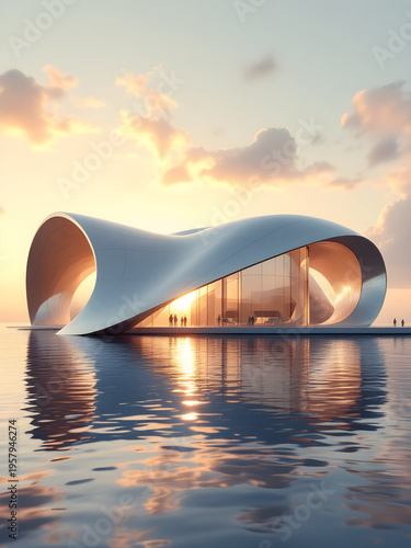 Modern building on water at sunset