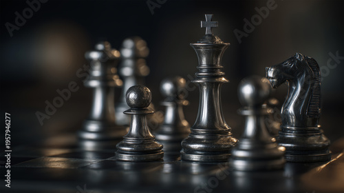 Chess pieces on a dark wooden board during a serious game at night with a focus on strategy and position