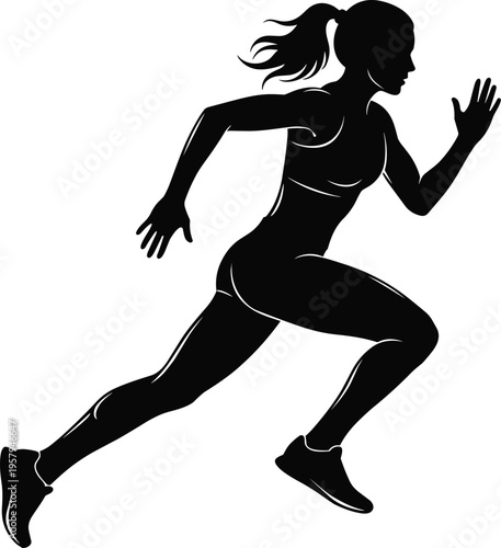Black silhouette of athletic woman running in mid-stride with ponytail, sportswear, sneakers, dynamic motion, symbolizing fitness, health, exercise, training, energy, and determination