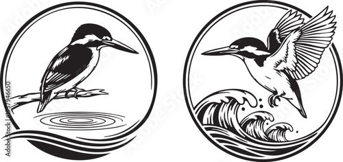 Set of Circular Kingfisher Bird Logos Perched and Flying over Waves