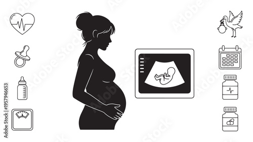 Pregnant woman with digital health monitoring interface vector illustrating maternal care technology and remote patient tracking systems