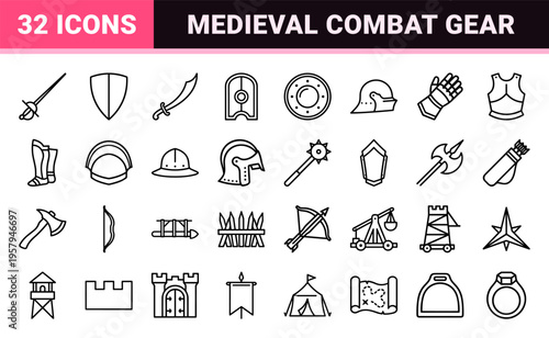 Historical Combat and Medieval Warfare Minimalist Monoline Outline Symbols Featuring Ancient Weaponry Armor and Siege Equipment for Gaming Interfaces