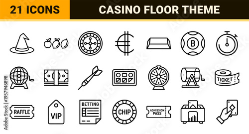 Minimalist casino and gambling outline symbol set for digital UI design featuring luck and probability elements with clean geometric line art