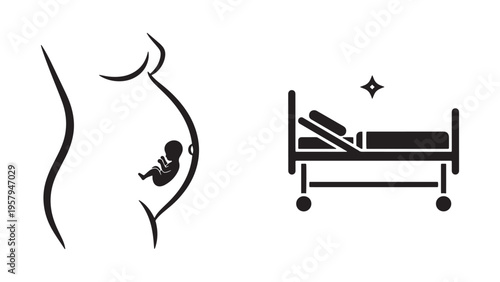 Pregnant woman silhouette with hospital bed icon illustrating maternity care services, patient monitoring and healthcare facility management