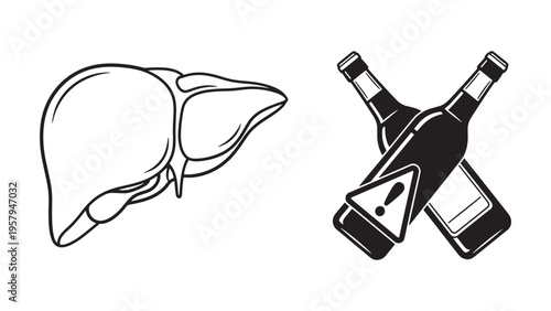Liver organ and alcohol bottle icon vector illustrating alcohol impact on liver health, medical risk awareness and healthcare prevention strategy