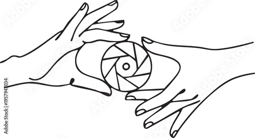 Continuous Line Drawing of Hands Framing a Camera Lens Shutter