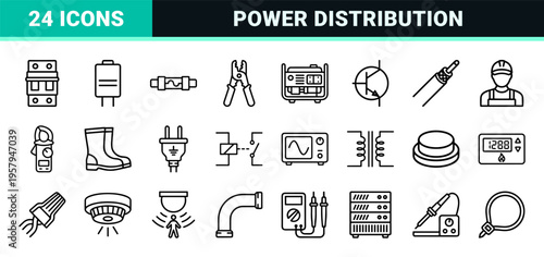 Electrical Engineering and Power Infrastructure Minimalist Line Art Set for Professional Technical Diagrams and Construction Documentation.