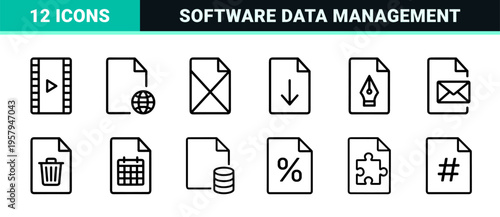 Professional Digital File Type and Document Extension Outline Icon Set featuring Minimalist Monoline Geometric Data Symbols for Software Management.