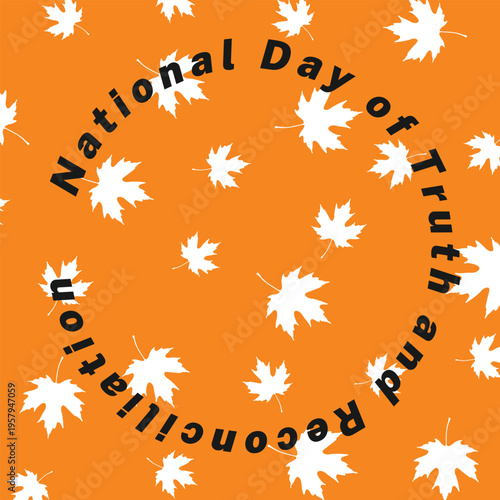 Abstract seamless pattern of flying falling white maple leaves. Orange background. National Day of Truth and Reconciliation