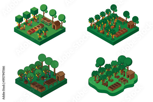 Stylized isometric farm plots with various crops and trees