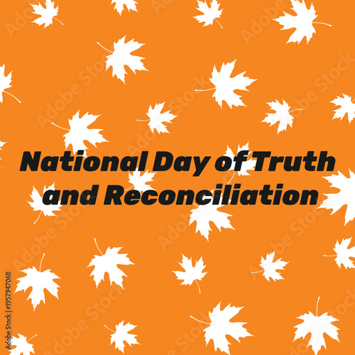 Abstract seamless pattern of flying falling white maple leaves. Orange background. National Day of Truth and Reconciliation