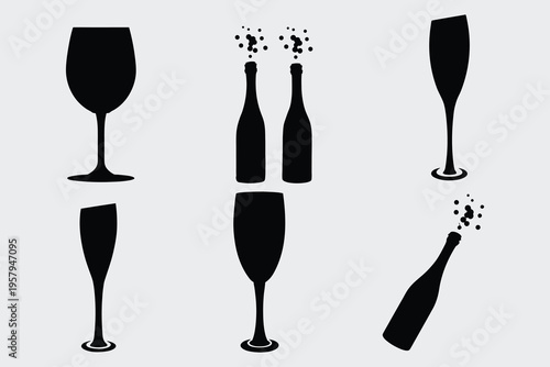  bottles and glasses with popping corks and bubble silhouette illustration. alcohol drink bar and beverage theme vector